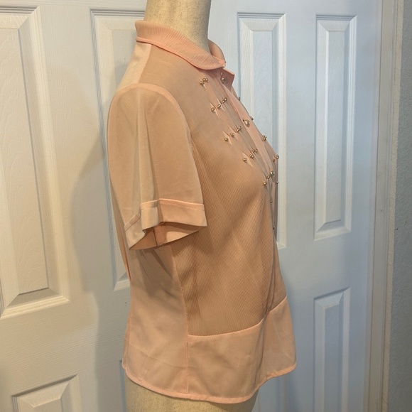 1950’s Vintage Blouse Feminine Pink Faux Pearls Pleated Size Large - Picture 5 of 9